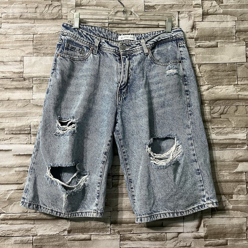 Witty Fox Denim Shorts Womens 9/29 Blue Distressed Ripped Jorts Zip Pockets
